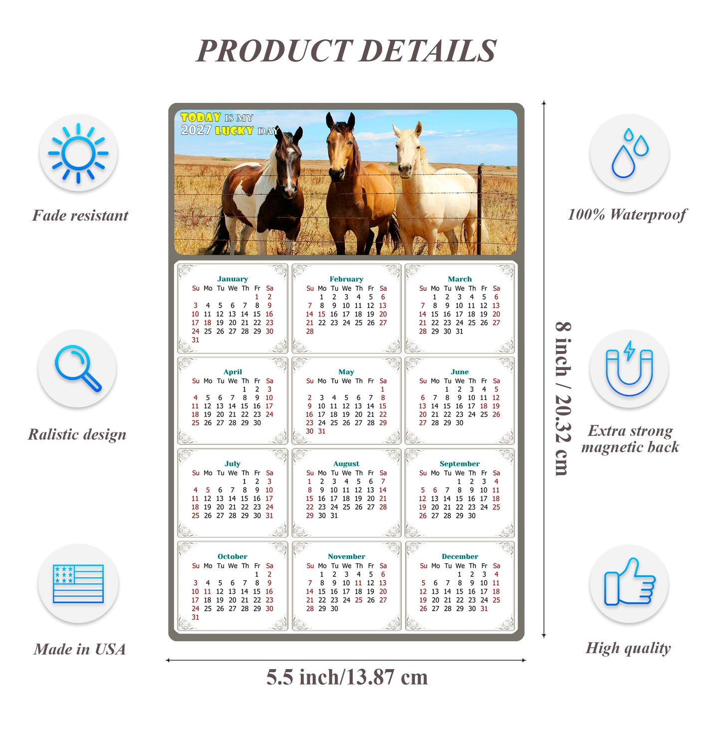 2027 Magnetic Calendar - Calendar Magnets - Today is my Lucky Day - (Fade, Tear, and Water Resistant) - Horses Themed 07