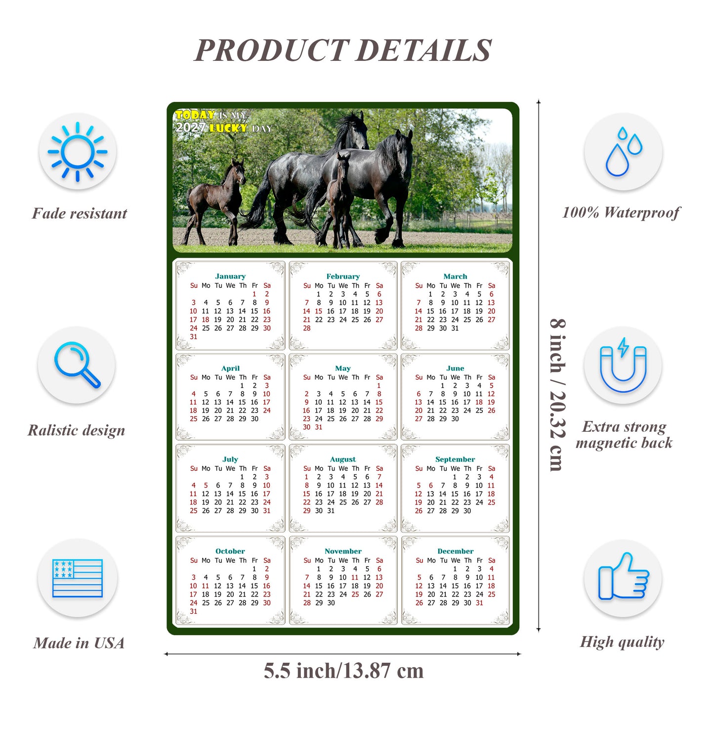 2027 Magnetic Calendar - Calendar Magnets - Today is my Lucky Day - (Fade, Tear, and Water Resistant) - Horses Themed 05