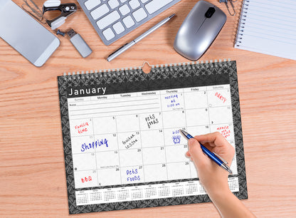 2026-2027 Monthly Spiral-Bound Wall/Desk Calendar - Desktop/Wall Blotter Calendar/Planner - (Edition B&W #017)