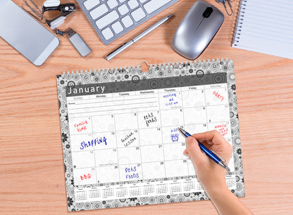 2026-2027 Monthly Spiral-Bound Wall/Desk Calendar - Desktop/Wall Blotter Calendar/Planner - (Edition B&W #020)