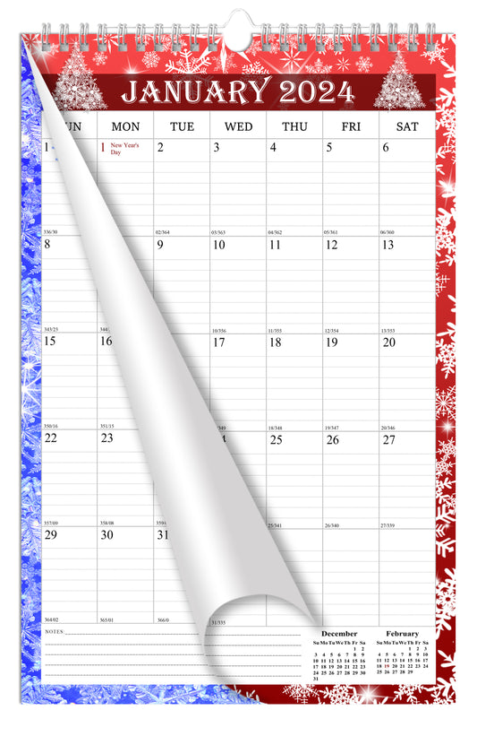 2024 Wall Calendar Spiral-Bound Twin-Wire Binding - 12 Months  12 (Holidays)