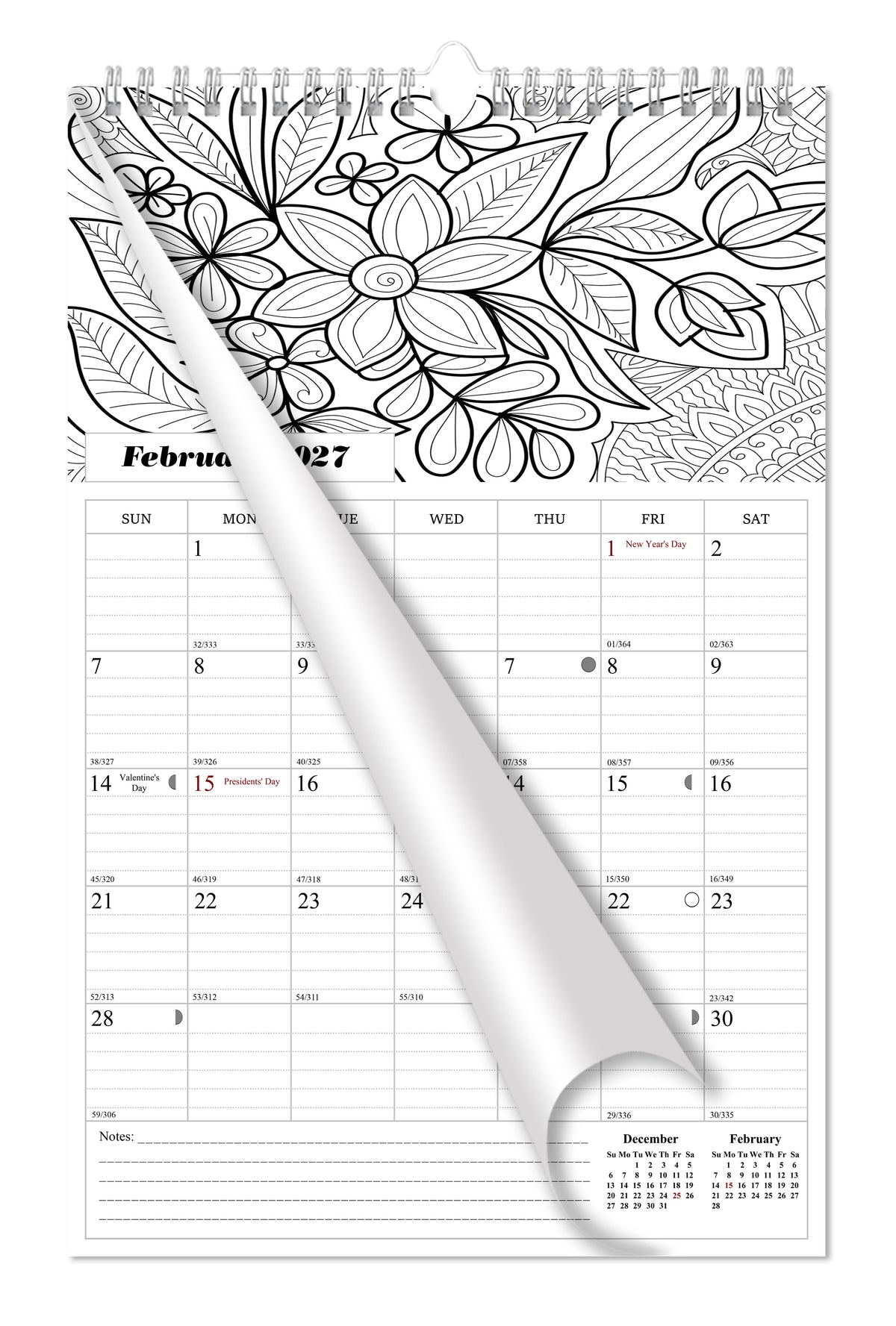 2027 Wall Coloring Calendar Spiral-bound Twin-Wire Binding - 12 Months Planner - Large Ruled Blocks with Julian Dates - (Flowers)