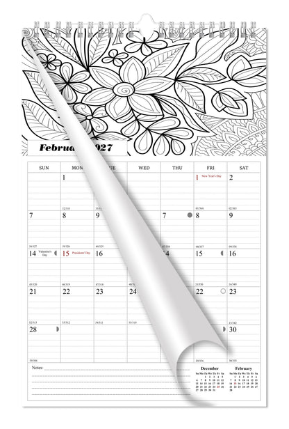 2027 Wall Coloring Calendar Spiral-bound Twin-Wire Binding - 12 Months Planner - Large Ruled Blocks with Julian Dates - (Flowers)
