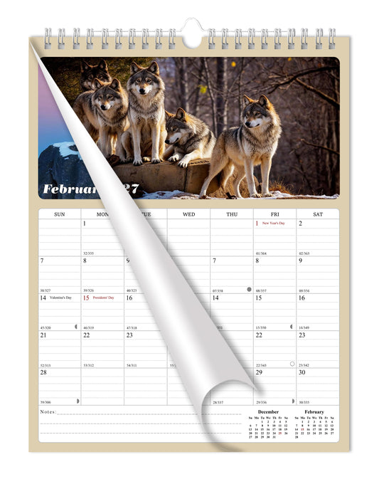 2027 Wall Calendar Spiral-bound Twin-Wire Binding - 12 Months Planner - Large Ruled Blocks with Julian Dates - (Woolfs)