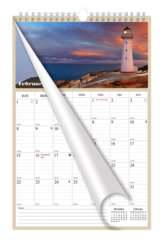 2026 Wall Calendar Spiral-bound Twin-Wire Binding - 12 Months Planner - Large Ruled Blocks with Julian Dates - (Lighthouses)