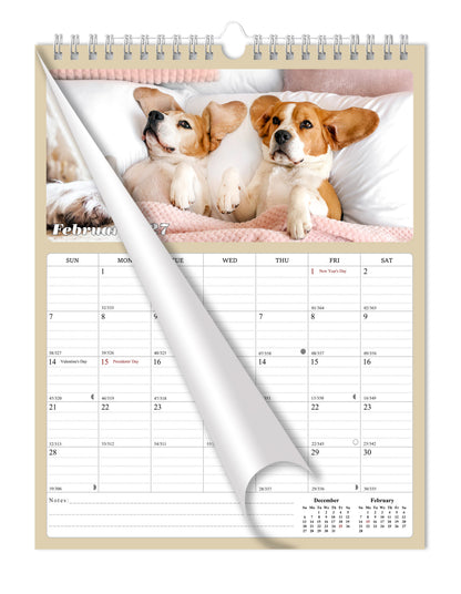 2027 Wall Calendar Spiral-bound Twin-Wire Binding - 12 Months Planner - Large Ruled Blocks with Julian Dates - (Dogs)