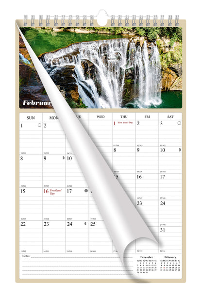 2025 - 2026 Wall Calendar Spiral-bound Twin-Wire Binding - 18 Months Planner - Large Ruled Blocks with Julian Dates - (Waterfalls)