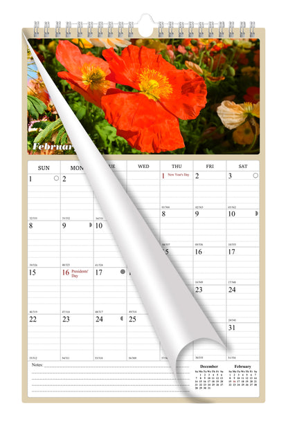2025 - 2026 Wall Calendar Spiral-bound Twin-Wire Binding - 18 Months Planner - Large Ruled Blocks with Julian Dates - (Flowers)
