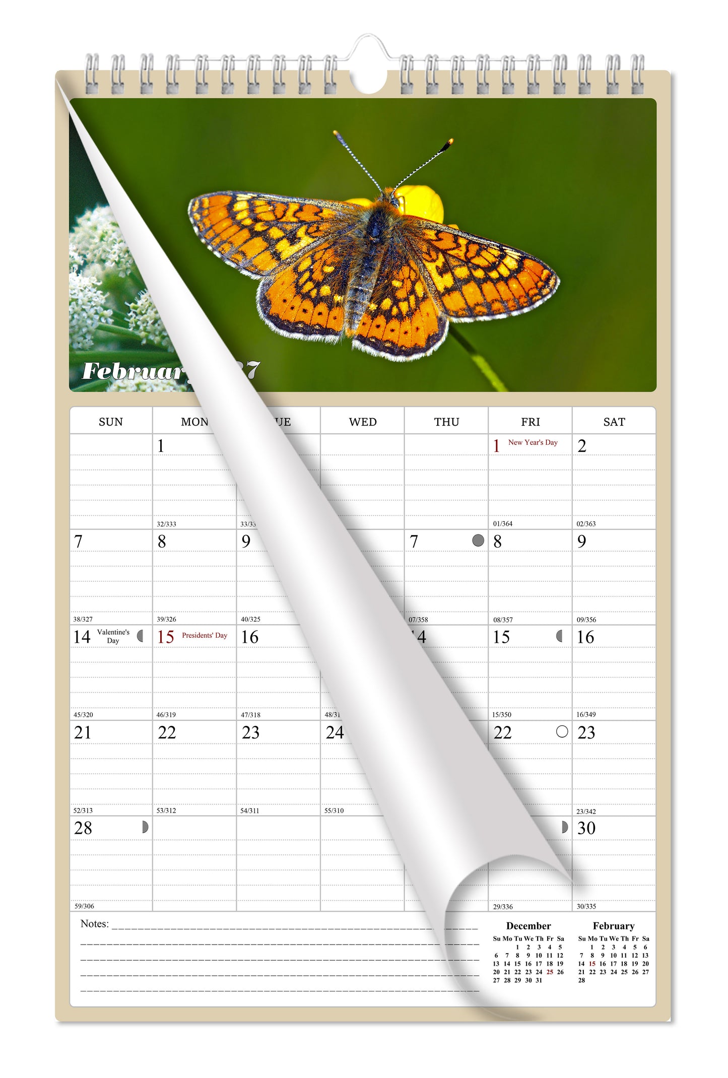 2026 - 2027 Wall Calendar Spiral-bound Twin-Wire Binding - 18 Months Planner - Large Ruled Blocks with Julian Dates - (Buterflyes)