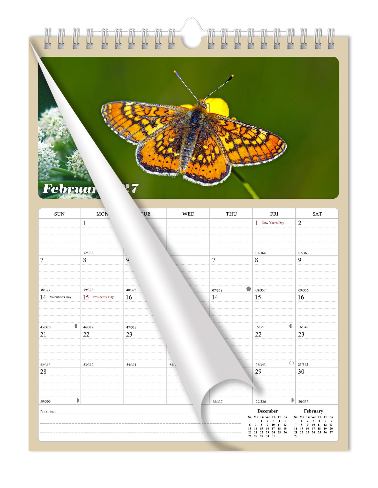 2027 Wall Calendar Spiral-bound Twin-Wire Binding - 12 Months Planner - Large Ruled Blocks with Julian Dates - (Butterfly)