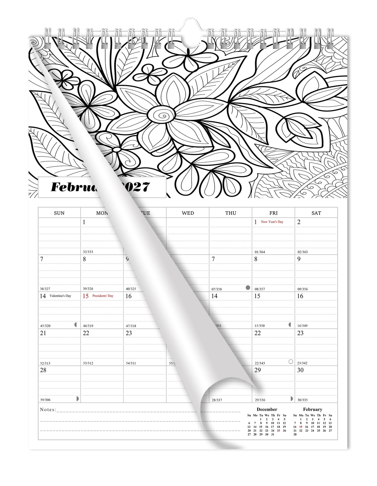 2026 - 2027 Wall Coloring Calendar Spiral-bound Twin-Wire Binding - 18 Months Planner - Large Ruled Blocks with Julian Dates - (Flowers)