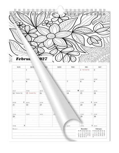 2026 - 2027 Wall Coloring Calendar Spiral-bound Twin-Wire Binding - 18 Months Planner - Large Ruled Blocks with Julian Dates - (Flowers)