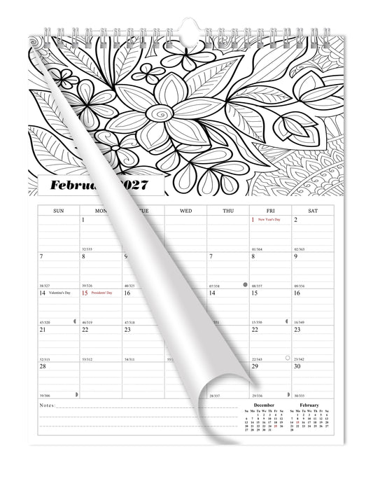 2026 - 2027 Wall Coloring Calendar Spiral-bound Twin-Wire Binding - 18 Months Planner - Large Ruled Blocks with Julian Dates - (Flowers)