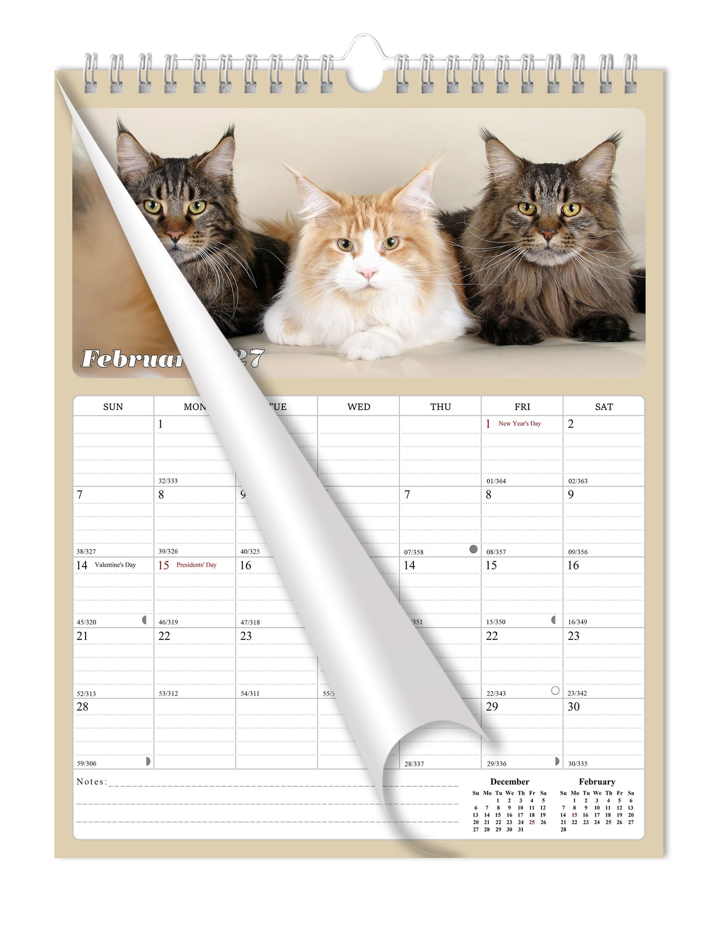 2027 Wall Calendar Spiral-bound Twin-Wire Binding - 12 Months Planner - Large Ruled Blocks with Julian Dates - (Cats)