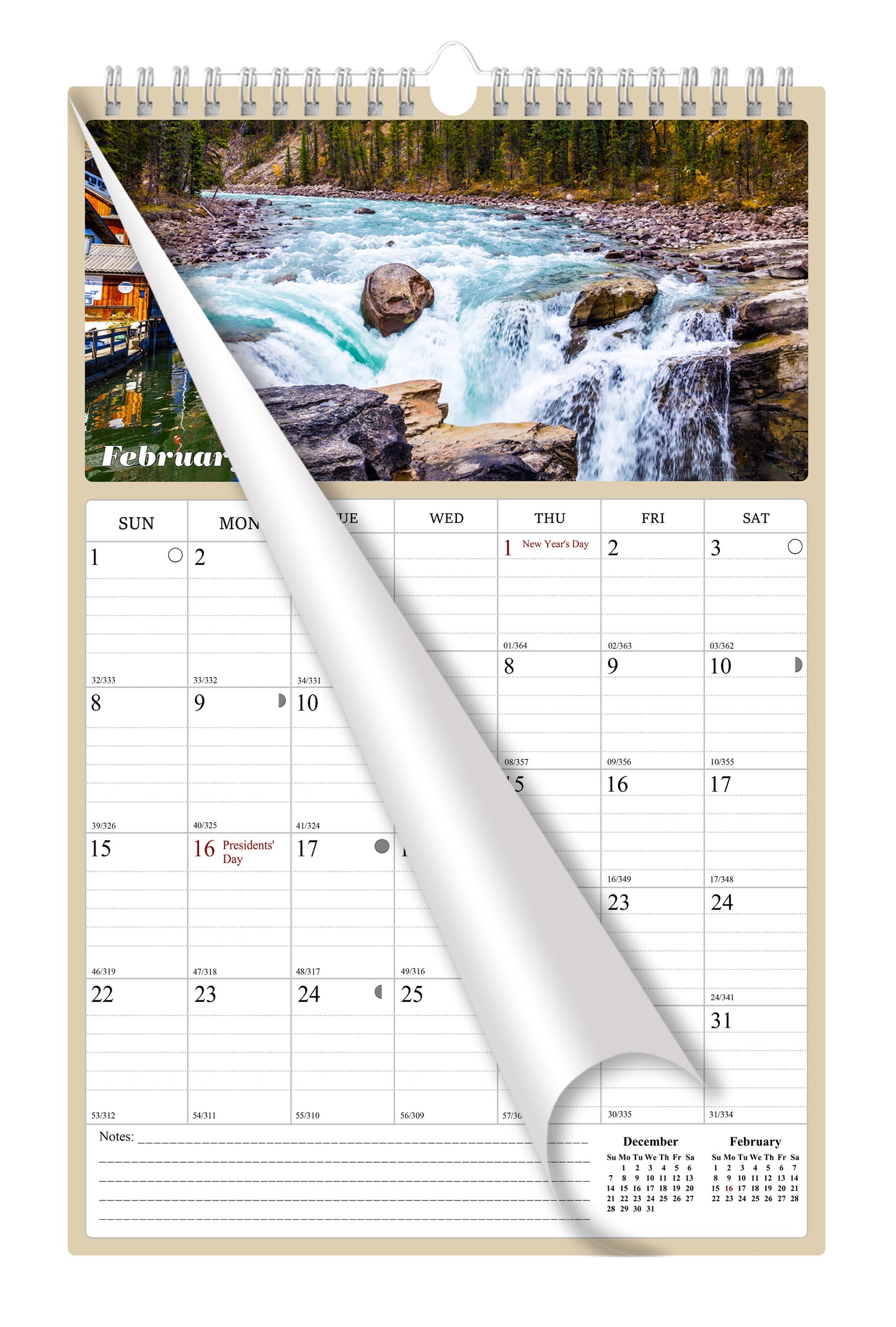 2025 - 2026 Wall Calendar Spiral-bound Twin-Wire Binding - 18 Months Planner - Large Ruled Blocks with Julian Dates - (Outdoors)