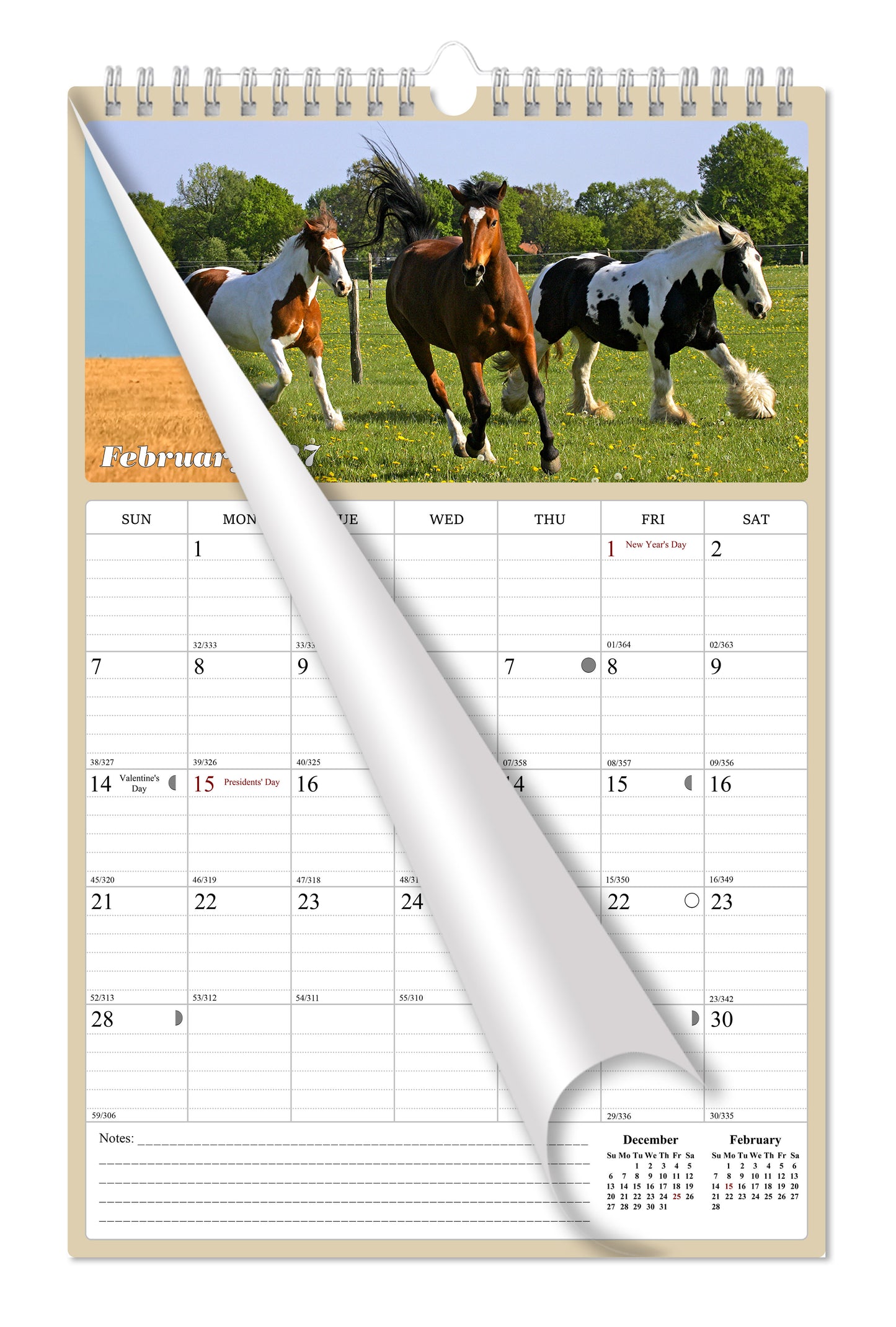 2026 - 2027 Wall Calendar Spiral-bound Twin-Wire Binding - 18 Months Planner - Large Ruled Blocks with Julian Dates - (Horses)