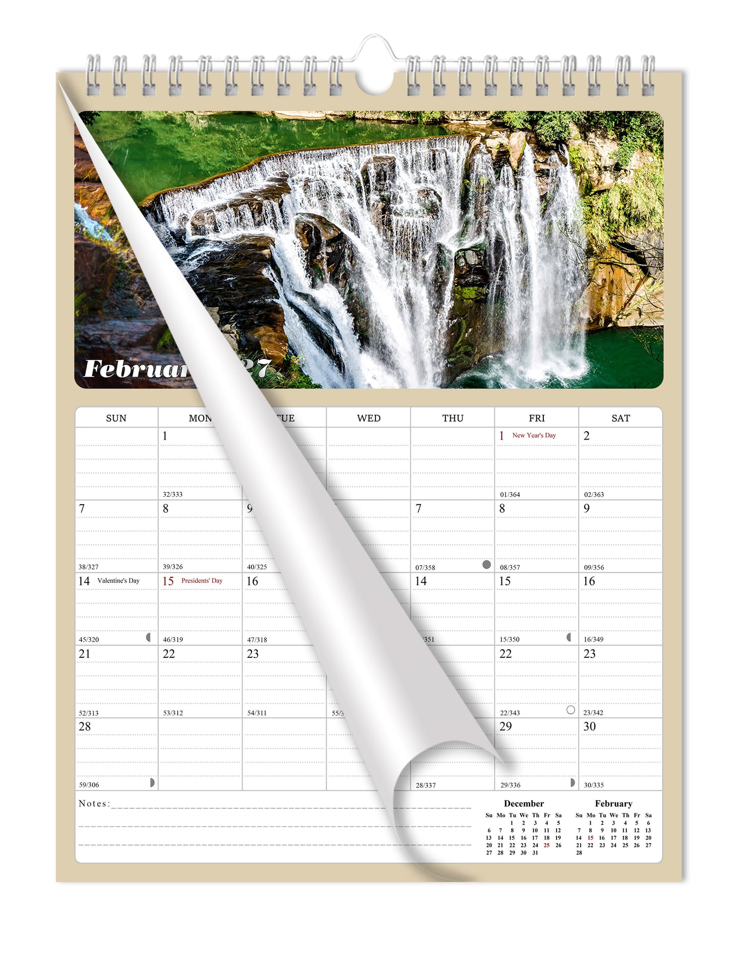 2026 - 2027 Wall Calendar Spiral-bound Twin-Wire Binding - 18 Months Planner - Large Ruled Blocks with Julian Dates - (Waterfalls)