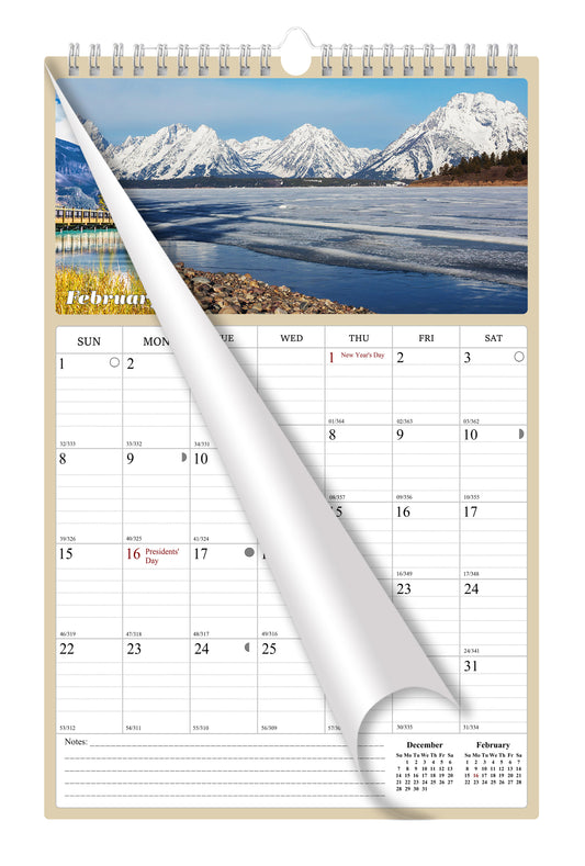 2026 Wall Calendar Spiral-bound Twin-Wire Binding - 12 Months Planner - Large Ruled Blocks with Julian Dates - (National Parks)