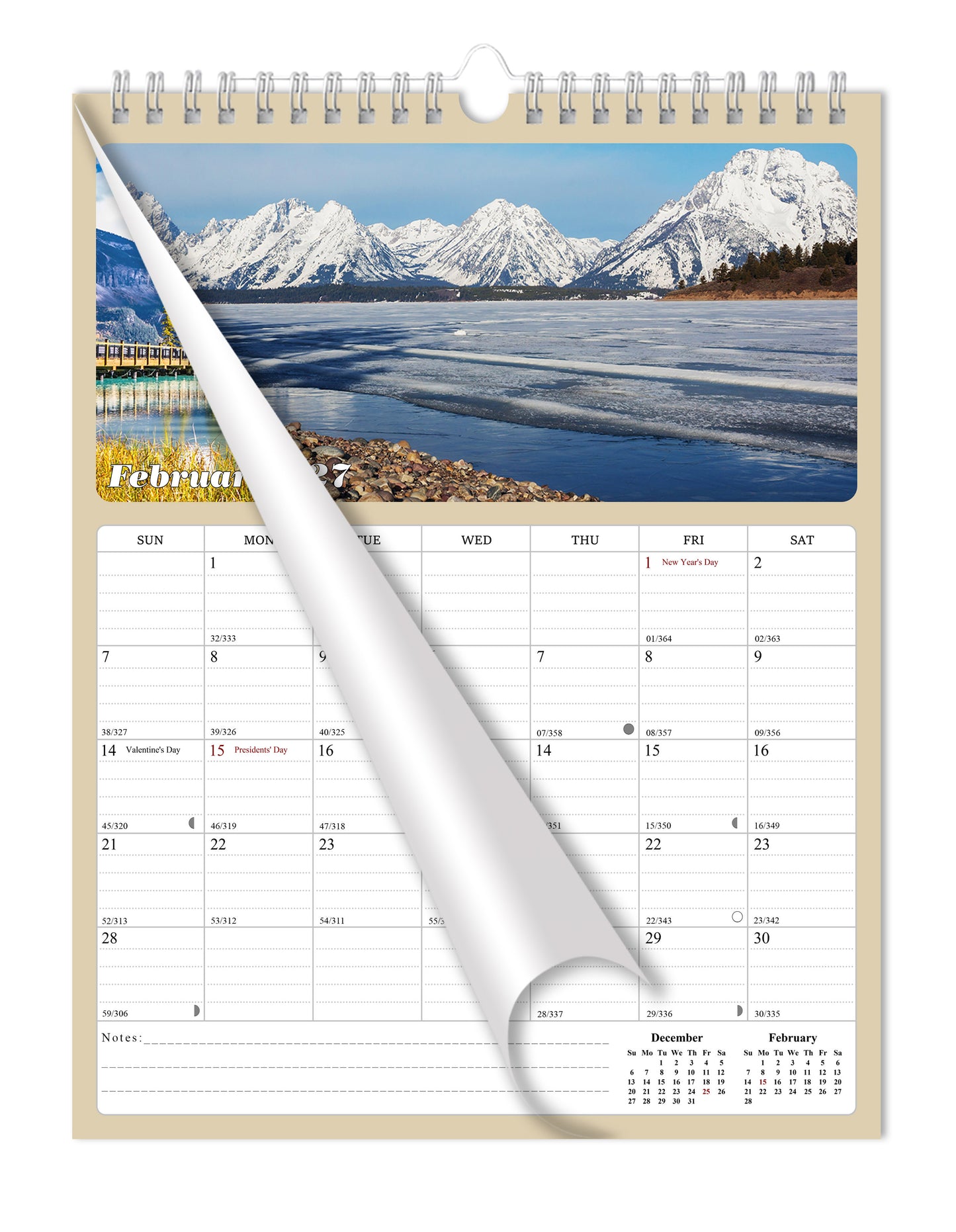 2027 Wall Calendar Spiral-bound Twin-Wire Binding - 12 Months Planner - Large Ruled Blocks with Julian Dates - (National Parks)