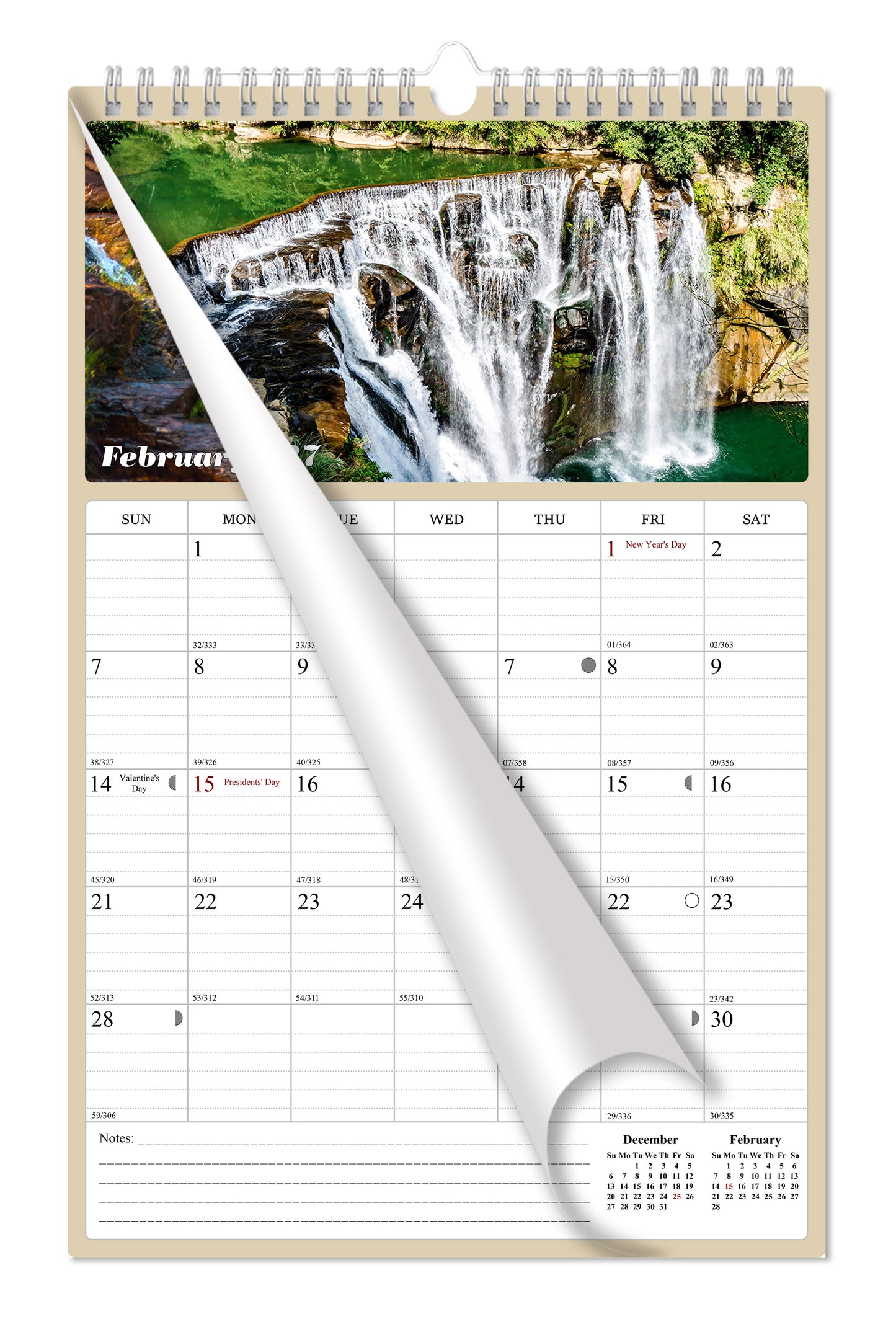 2027 Wall Calendar Spiral-bound Twin-Wire Binding - 12 Months Planner - Large Ruled Blocks with Julian Dates - (Waterfalls)