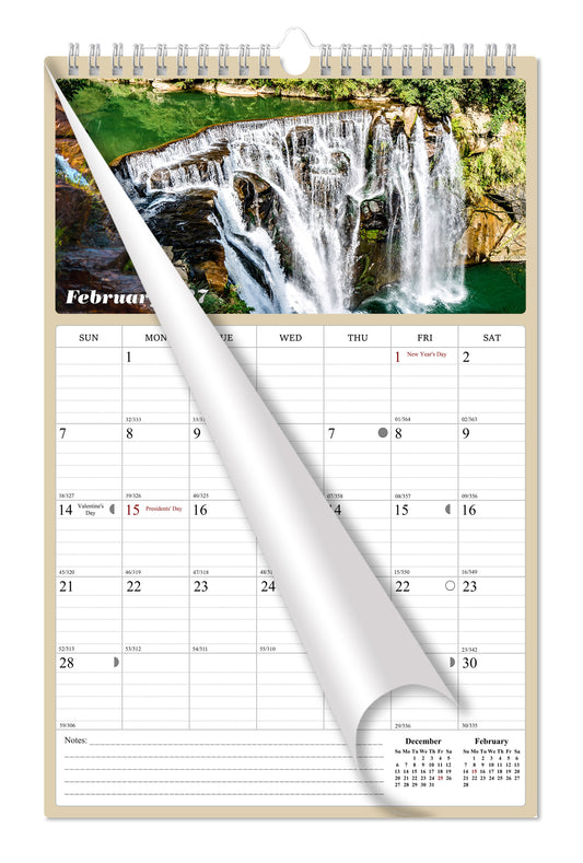 2027 Wall Calendar Spiral-bound Twin-Wire Binding - 12 Months Planner - Large Ruled Blocks with Julian Dates - (Waterfalls)