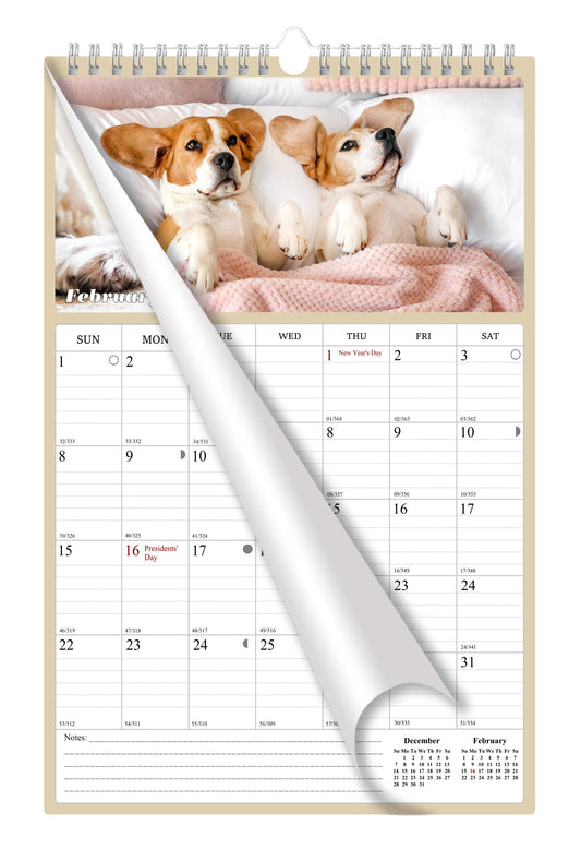 2026 Wall Calendar Spiral-bound Twin-Wire Binding - 12 Months Planner - Large Ruled Blocks with Julian Dates - (Dogs)