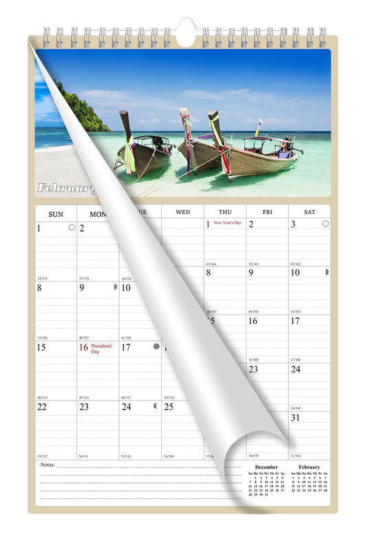 2026 Wall Calendar Spiral-bound Twin-Wire Binding - 12 Months Planner - Large Ruled Blocks with Julian Dates - (Beaches)