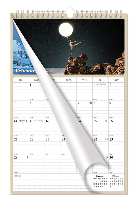 2027 Wall Calendar Spiral-bound Twin-Wire Binding - 12 Months Planner - Large Ruled Blocks with Julian Dates - (Lunar)