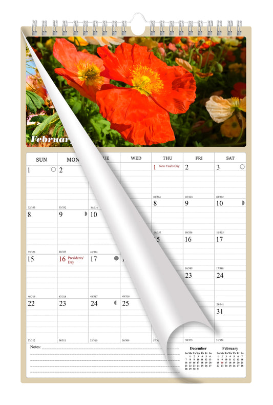 2026 Wall Calendar Spiral-bound Twin-Wire Binding - 12 Months Planner - Large Ruled Blocks with Julian Dates - (Flowers)