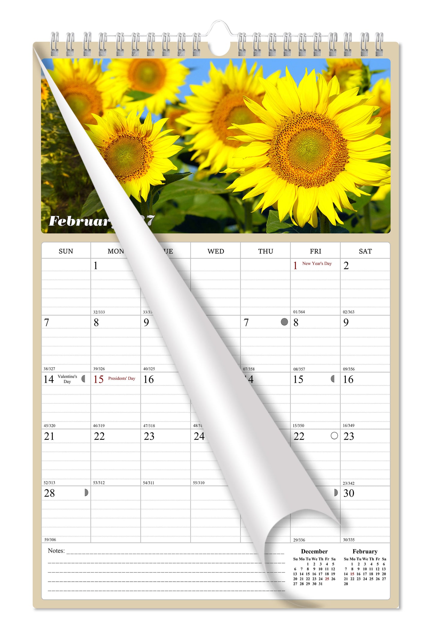 2027 Wall Calendar Spiral-bound Twin-Wire Binding - 12 Months Planner - Large Ruled Blocks with Julian Dates - (Sunflowers)