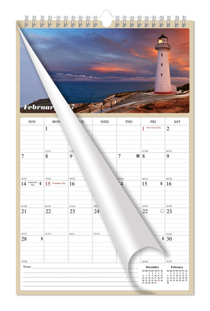 2026 - 2027 Wall Calendar Spiral-bound Twin-Wire Binding - 18 Months Planner - Large Ruled Blocks with Julian Dates - (Lighthouses)