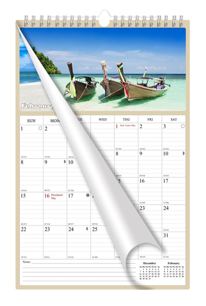 2025 - 2026 Wall Calendar Spiral-bound Twin-Wire Binding - 18 Months Planner - Large Ruled Blocks with Julian Dates - (Beaches)