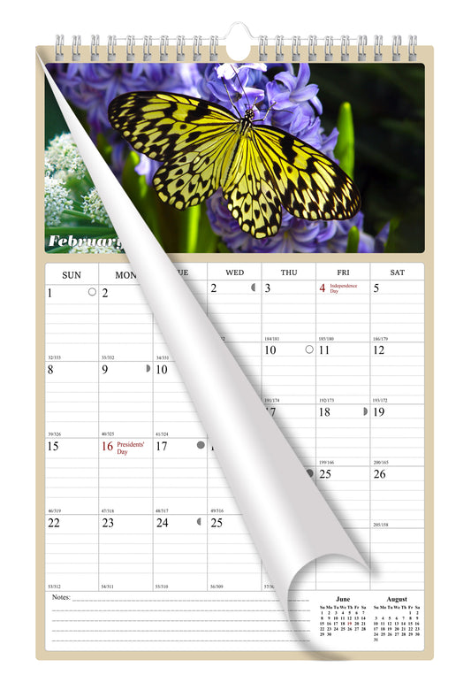 2026 Wall Calendar Spiral-bound Twin-Wire Binding - 12 Months Planner - Large Ruled Blocks with Julian Dates - (Butterfly)
