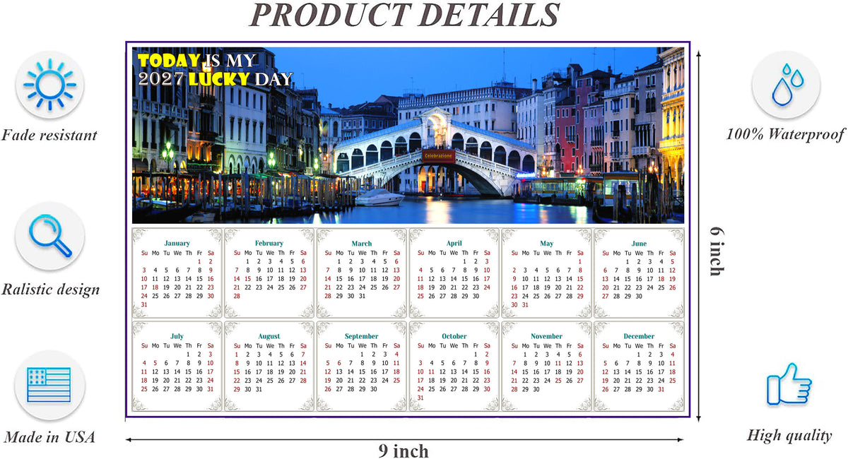 2027 Peel & Stick Calendar - Today is my Lucky Day - Removable - Nightlife on The Canal (9"x 6")