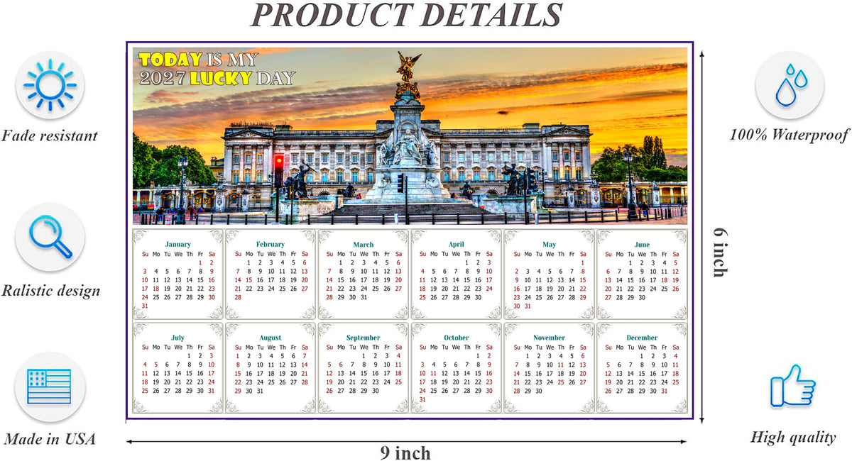 2027 Peel & Stick Calendar - Today is my Lucky Day - Removable - The Victoria Memorial (9"x 6")