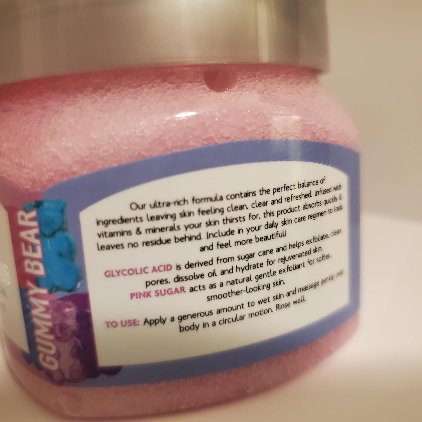 Gummy Bear Exfoliating Sugar Scrub with Glycolic Acid + Pink Sugar, Gummy Bear