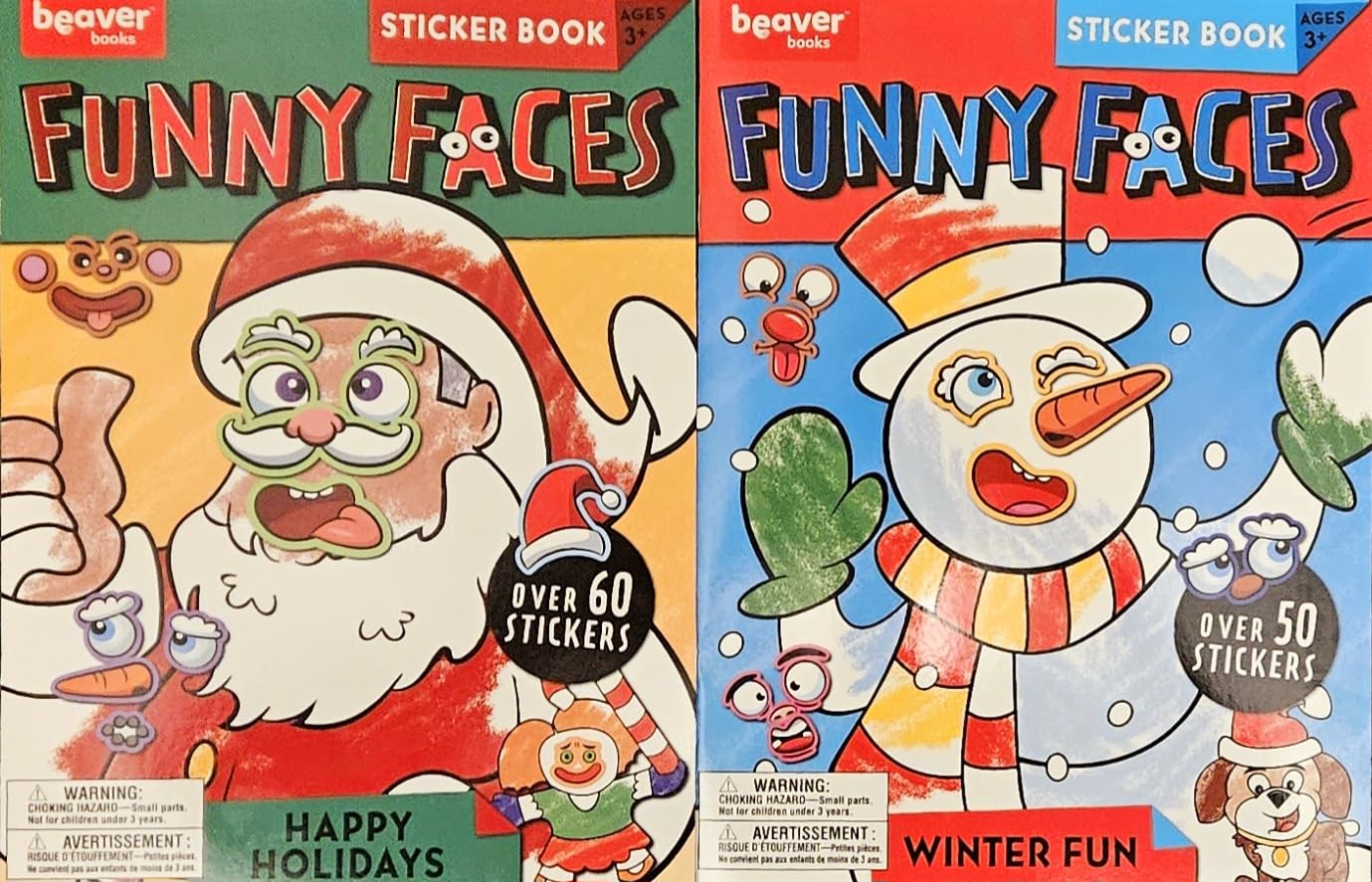 Christmas Funny Faces Sticker Book Set "Happy Holidays" & "Winter Fun"