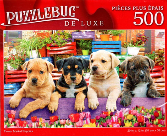 Flower Market Puppies - 500 Pieces Deluxe Jigsaw Puzzle