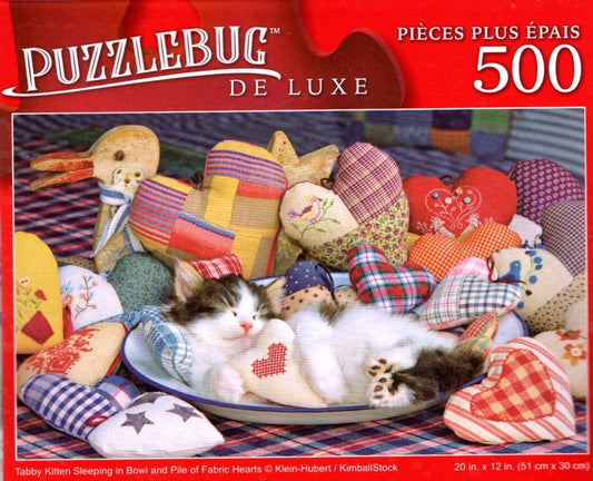 Tabby Kitten Sleeping in Bowl and Pile Fabric Hearts - 500 Pieces Deluxe Jigsaw Puzzle