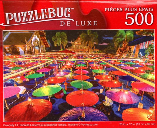 Colorful Lit Umbrella Lanterns at a Buddhist Temple, Thailand - 500 Pieces Deluxe Jigsaw Puzzle