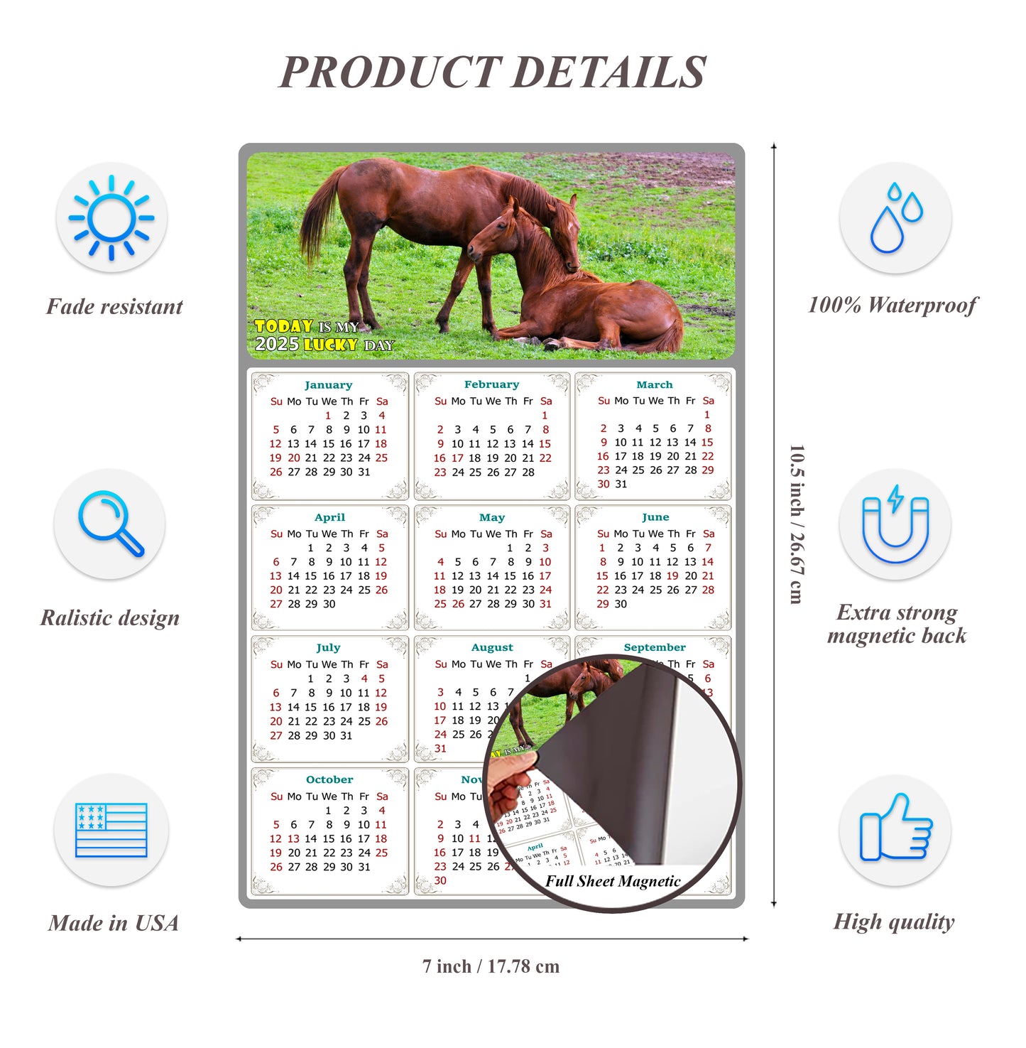 2025 Magnetic Calendar - Calendar Magnets - Today is my Lucky Day - (Fade, Tear, and Water Resistant) - Horses Themed 019