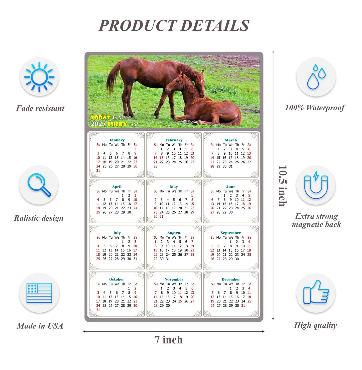 2027 Magnetic Calendar - Calendar Magnets - Today is my Lucky Day - (Fade, Tear, and Water Resistant) - Horses Themed 019