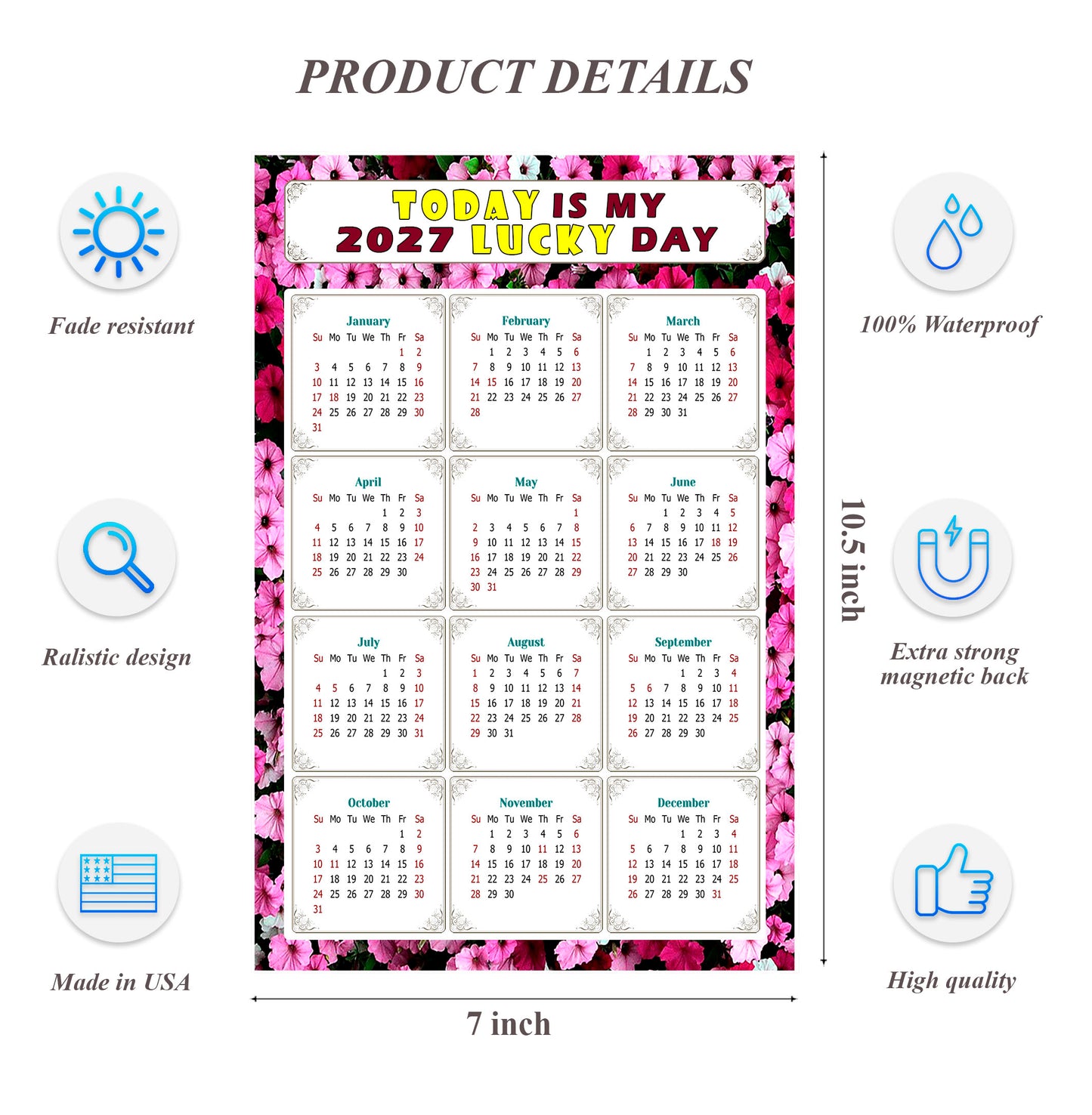 2027 Magnetic Calendar - Calendar Magnets - Today is my Lucky Day - (Fade, Tear, and Water Resistant) - Themed 027