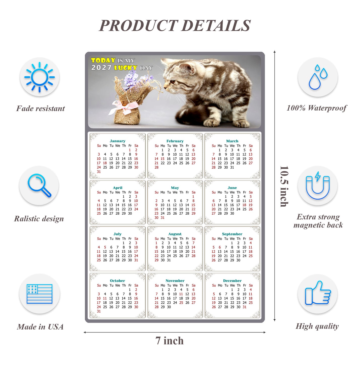 2027 Magnetic Calendar - Today is My Lucky Day (Fade, Tear, and Water Resistant)- Cat Themed 025
