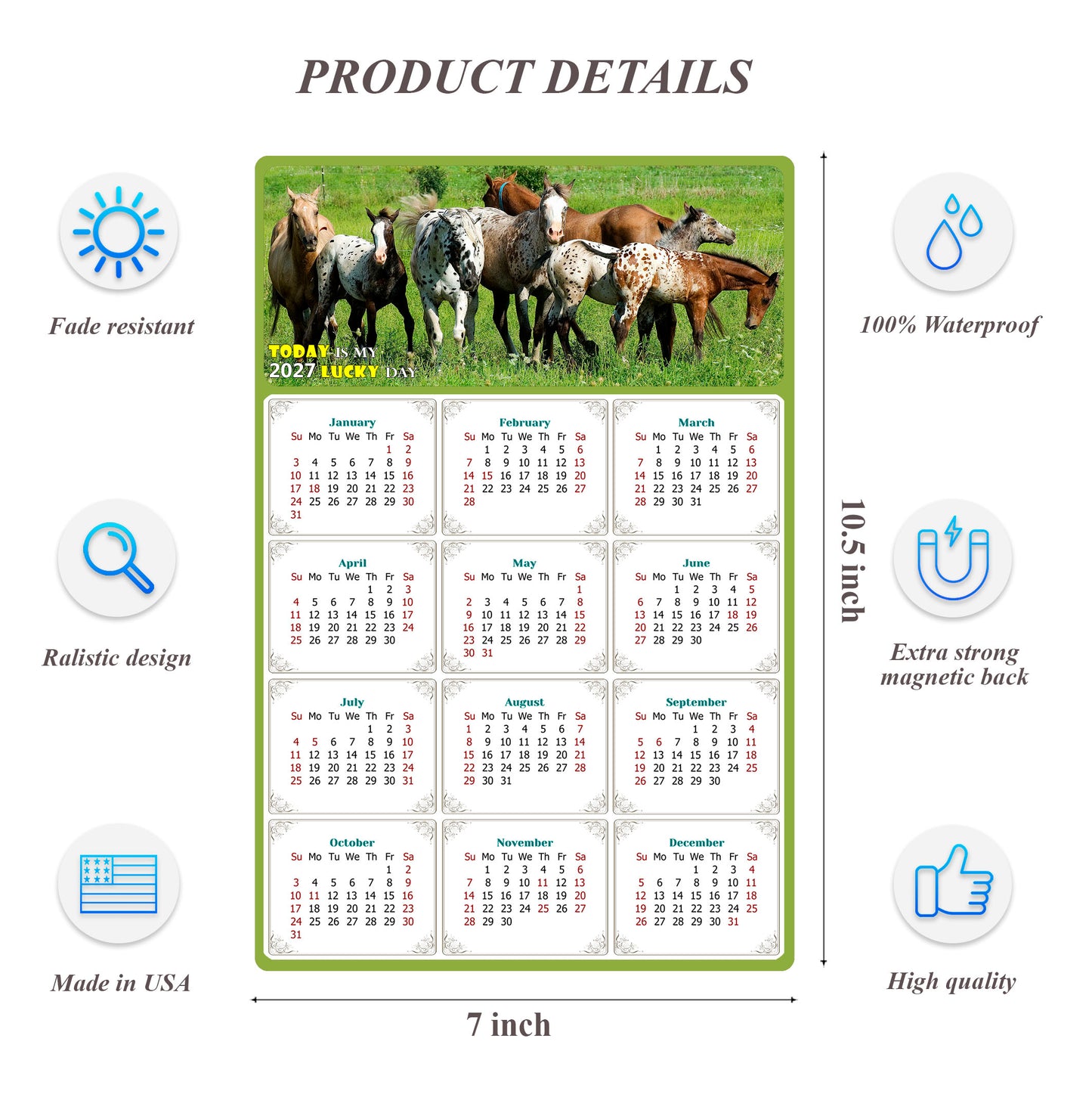 2027 Magnetic Calendar - Calendar Magnets - Today is my Lucky Day - (Fade, Tear, and Water Resistant) - Horses Themed 02