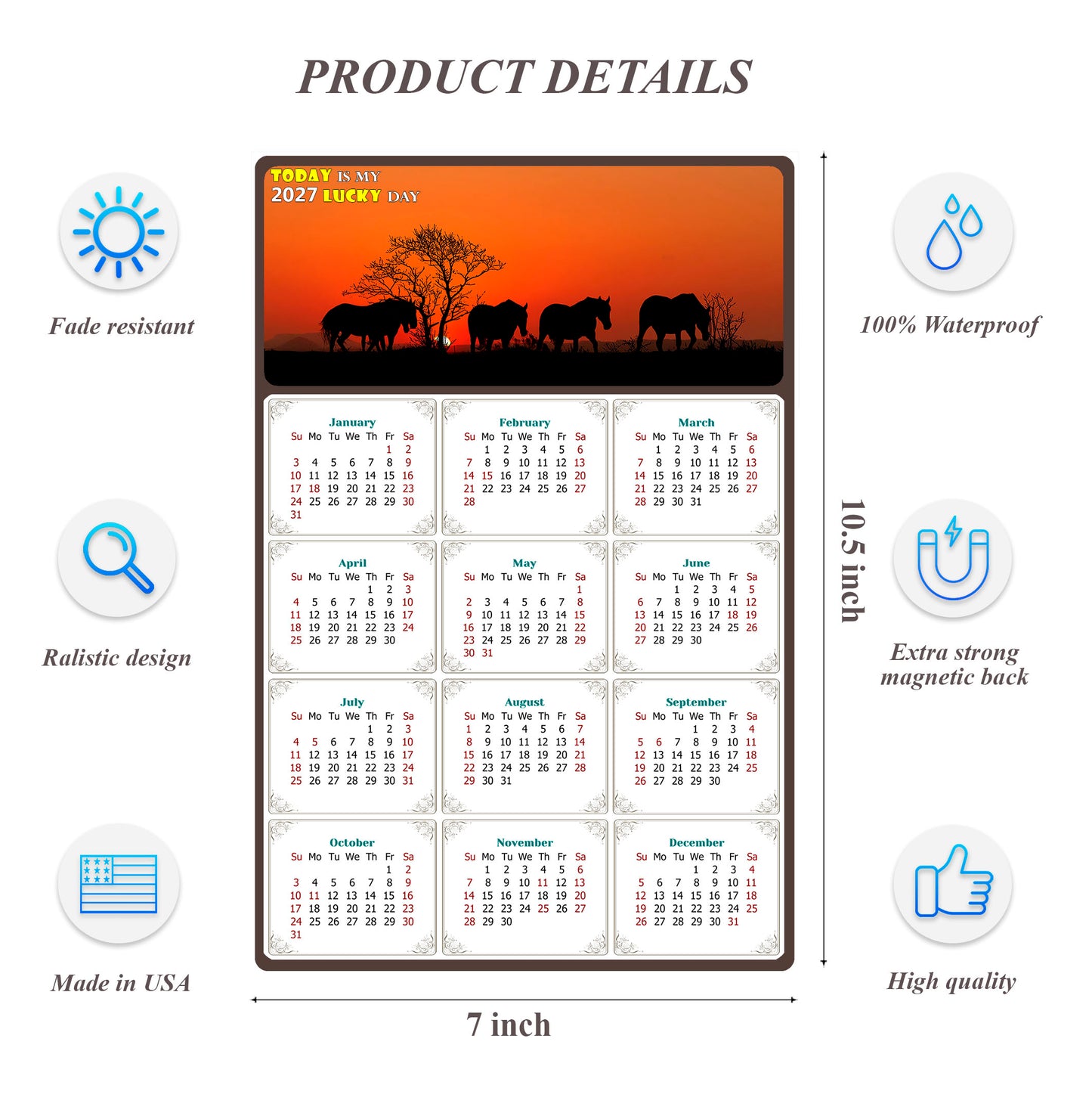 2027 Magnetic Calendar - Calendar Magnets - Today is my Lucky Day - (Fade, Tear, and Water Resistant) - Horses Themed 011