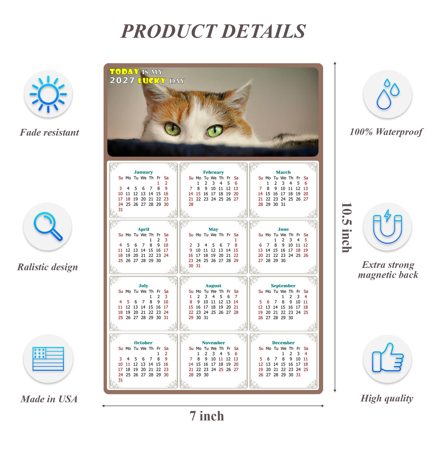 2027 Magnetic Calendar - Today is My Lucky Day (Fade, Tear, and Water Resistant)- Cat Themed 012