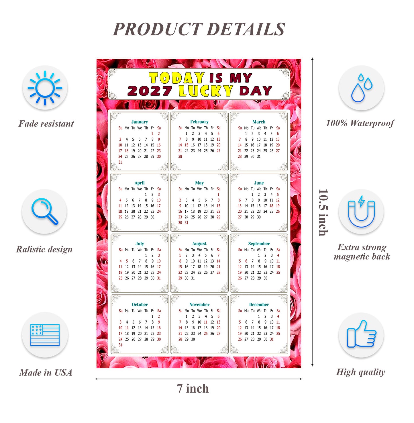 2027 Magnetic Calendar - Calendar Magnets - Today is my Lucky Day - (Fade, Tear, and Water Resistant) - Themed 028