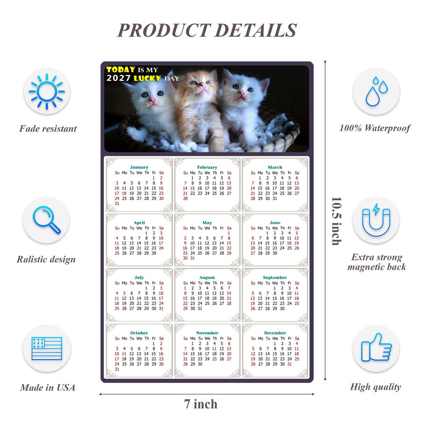 2027 Magnetic Calendar - Today is My Lucky Day (Fade, Tear, and Water Resistant)- Cat Themed 011
