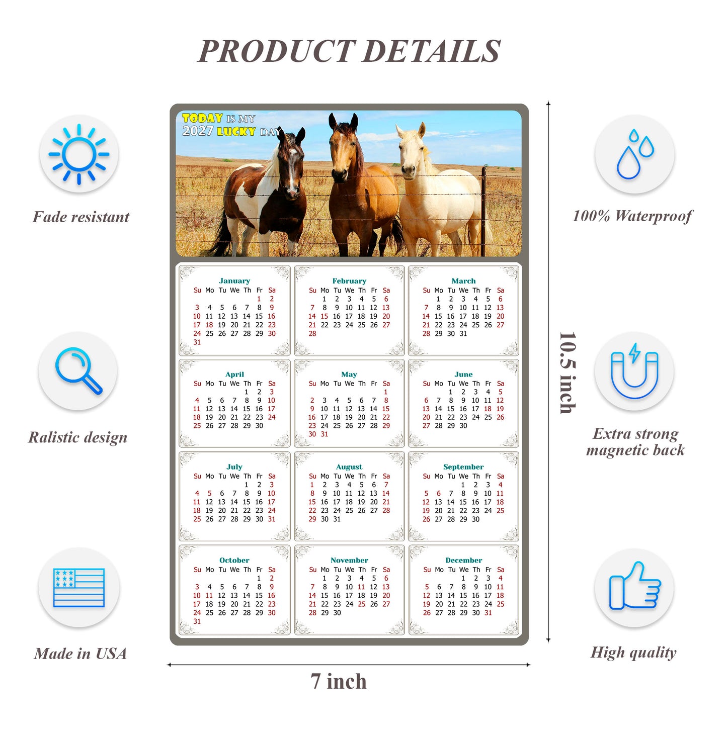2027 Magnetic Calendar - Calendar Magnets - Today is my Lucky Day - (Fade, Tear, and Water Resistant) - Horses Themed 07